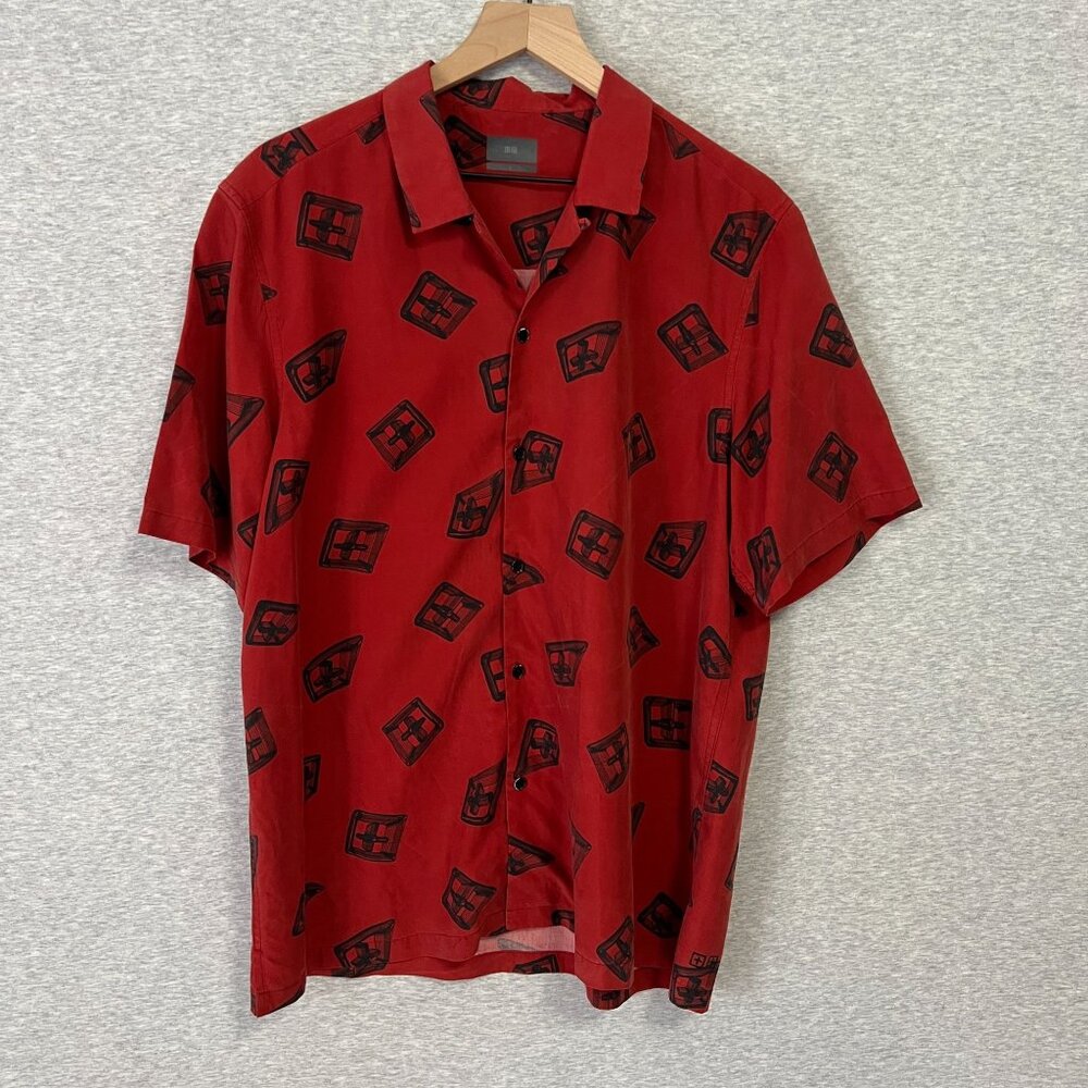 Ksubi Short Sleeve Shirt Men's Large Red Button-Up  Black 3D Cube Geometric Prin